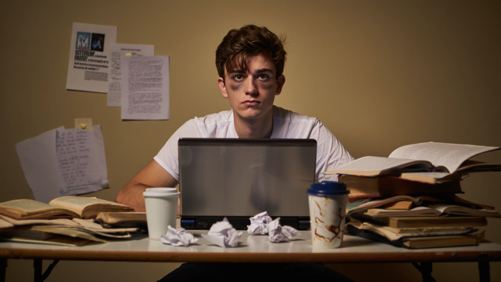 Studente stressato con occhiaie circondato da compiti non finiti: conseguenze della procrastinazione cronica su benessere mentale e produttività