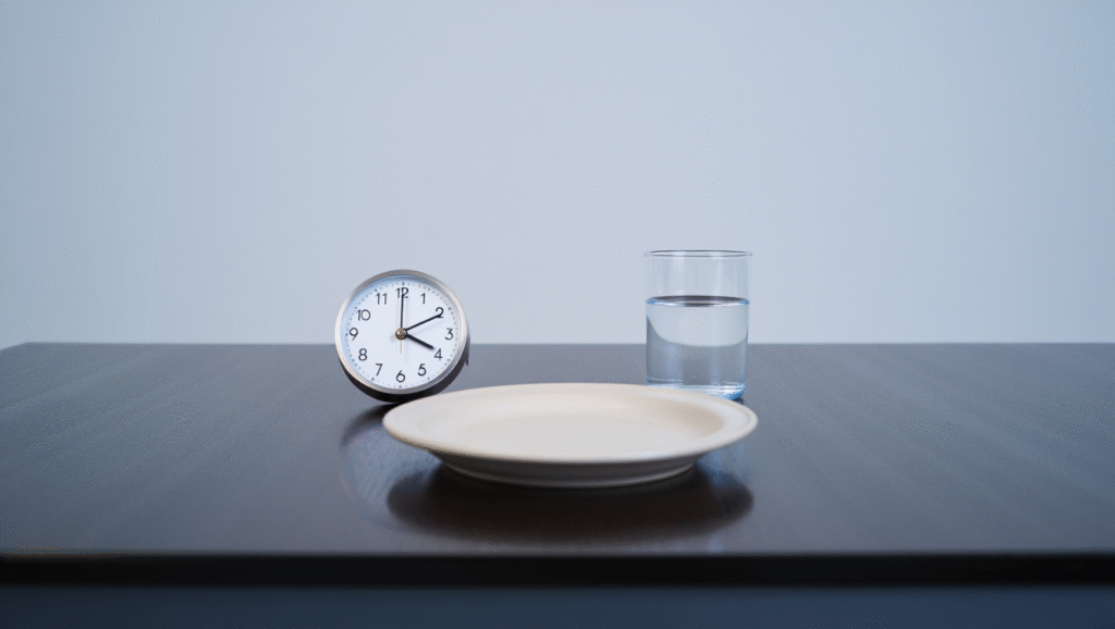 Digiuno intermittente 16 8 tavolo minimalista con piatto vuoto acqua e orologio disciplina per serenità