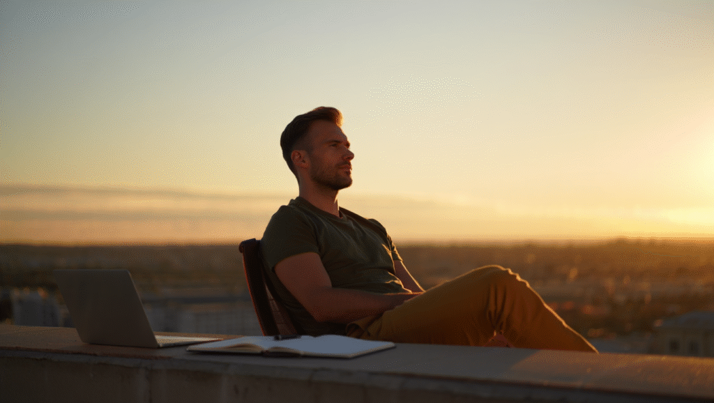 Giovane uomo che riflette al tramonto con laptop e taccuino, rappresenta visione a lungo termine e disciplina strategica