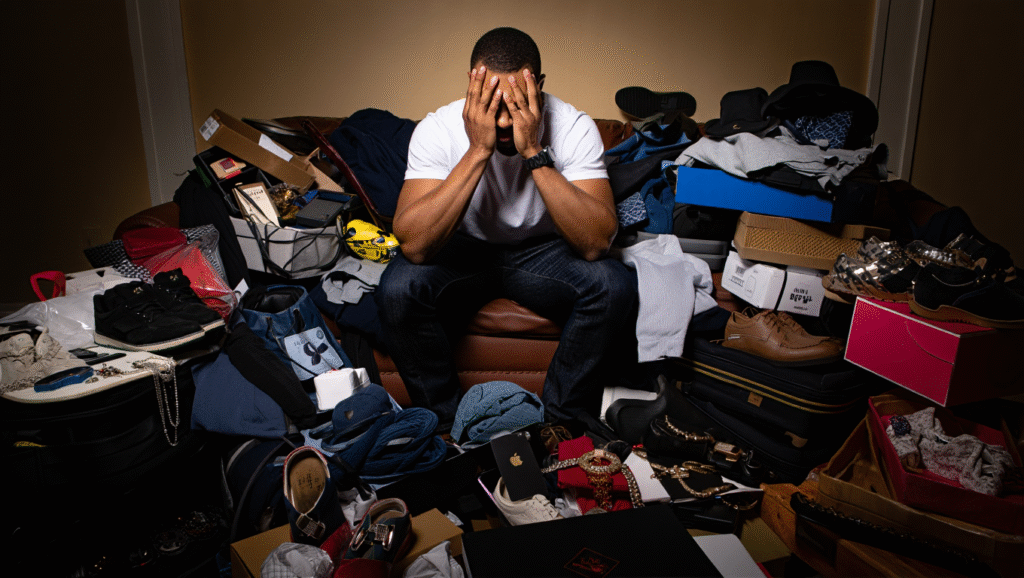 Giovane stressato circondato da oggetti e disordine domestico - effetti del consumismo moderno sulla salute mentale