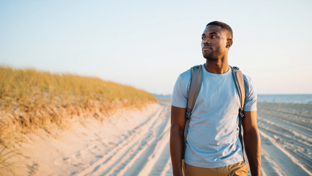 Camminata solitaria sulla spiaggia al tramonto - crescita personale in solitudine e libertà interiore