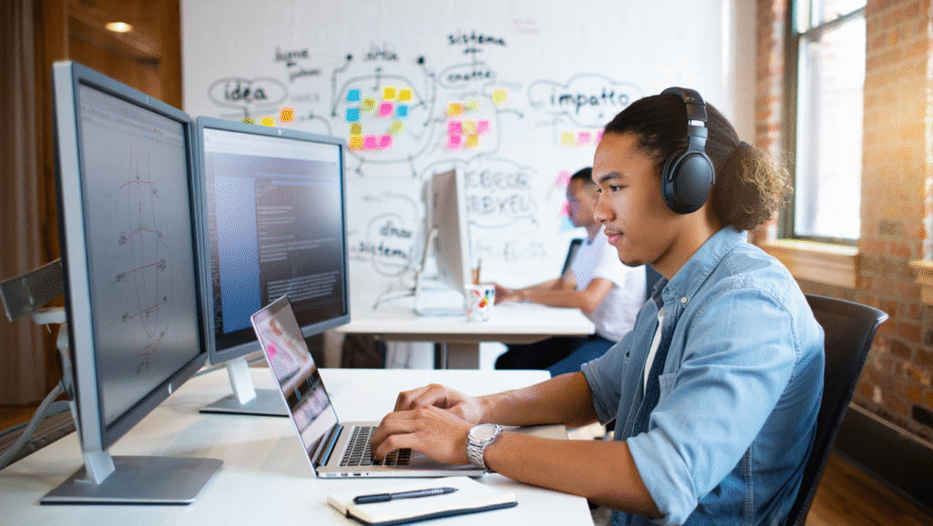 Perché il Futuro Premia Chi Costruisce Sviluppatore con cuffie lavora su codice in un co-working con lavagne e post-it - ambiente build in public e collaborazione tra builder digitali