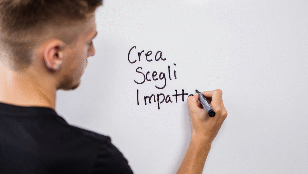 Le 3 Regole del Nuovo Costruttore Giovane scrive su lavagna le regole del costruttore digitale: Crea, Scegli, Impatta - mentalità builder per imprenditore digitale