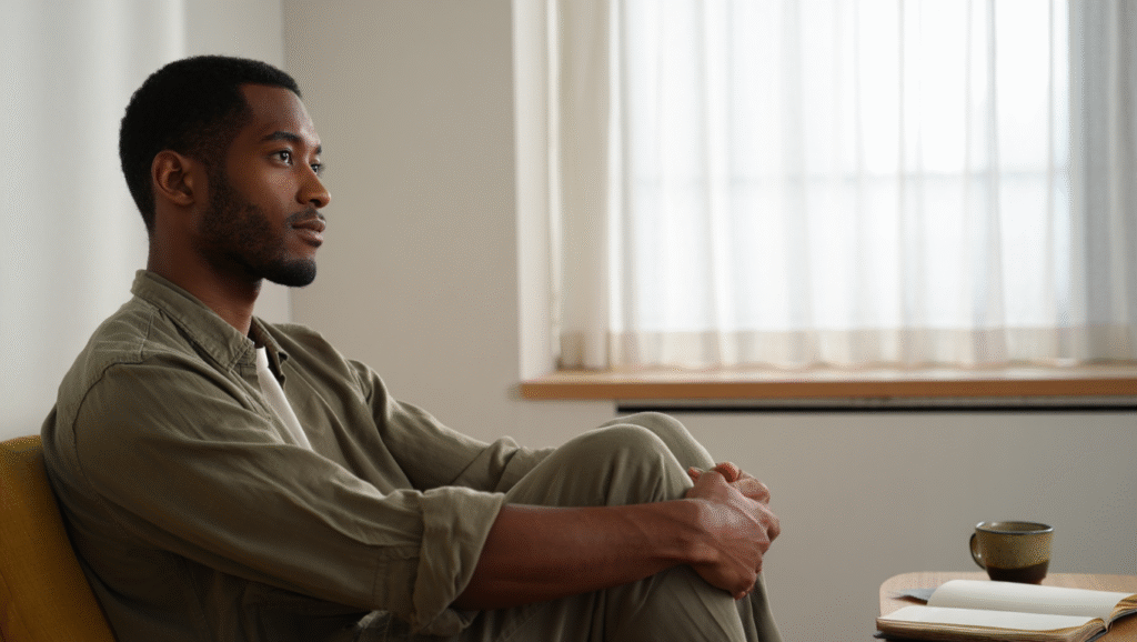 Giovane uomo in introspezione seduto da solo vicino a finestra - benefici della solitudine consapevole