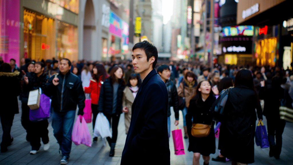 Uomo pensieroso tra la folla dello shopping - liberarsi dalla trappola del consumismo e ritrovare consapevolezza