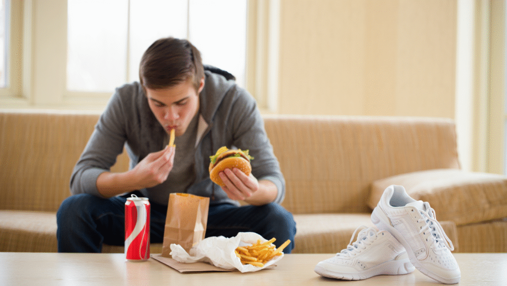 Ragazzo sedentario che mangia cibo spazzatura mentre scarpe da ginnastica restano inutilizzate: conseguenze di trascurare corpo e alimentazione sulla felicità