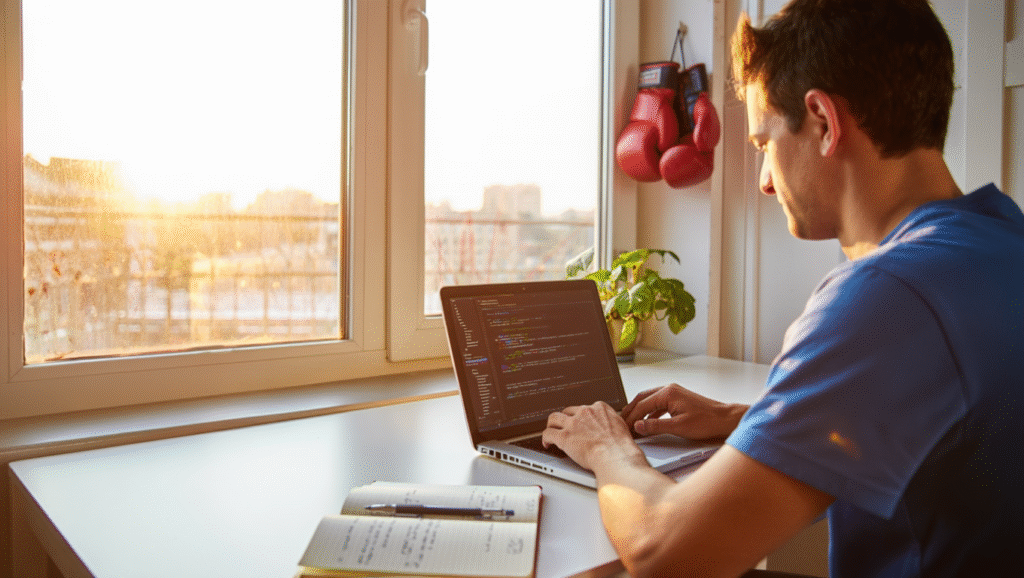 Studente lavora al laptop vicino alla finestra al tramonto con guantoni da boxe appesi - costruire asset digitali con disciplina e costanza