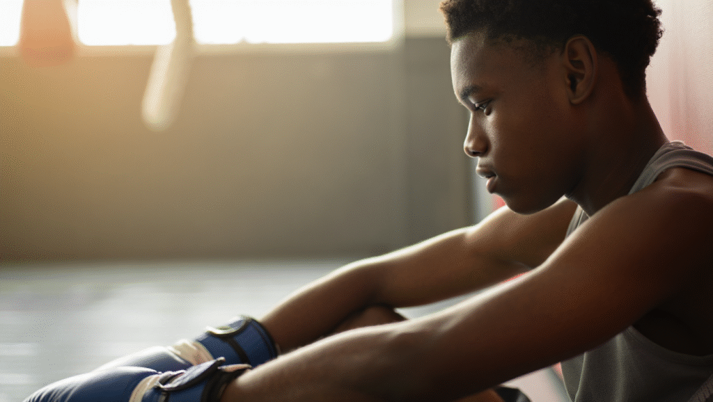 Pugile in momento di calma dopo allenamento serenità come forza interiore e resilienza mentale