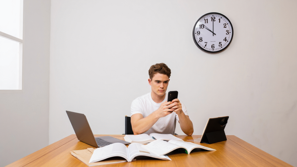 Giovane distratto dallo smartphone invece di studiare con orologio sullo sfondo: simbolo di procrastinazione e tempo sprecato che genera infelicità