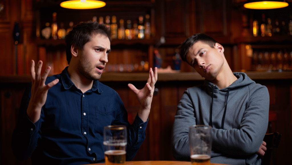 Uomo che si lamenta continuamente al bar mentre l'amico mostra segni di frustrazione: esempio di come le lamentele croniche danneggiano le relazioni e il benessere mentale