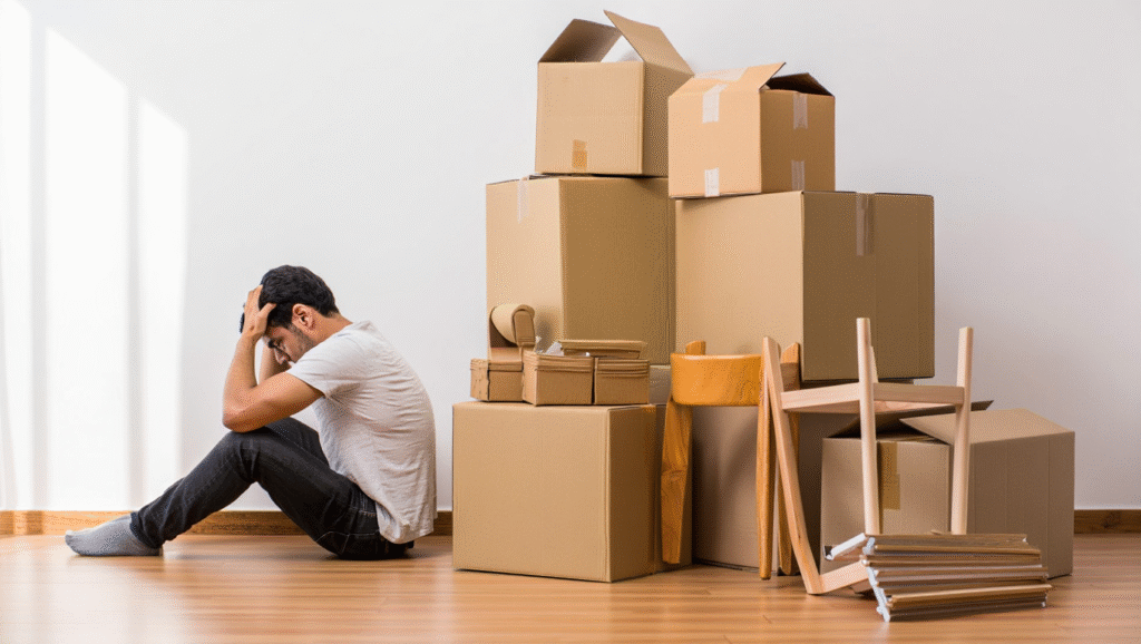 Quando Settembre Ti Sputa in Faccia (e Tu Devi Decidere Cosa Fare) Uomo stressato circondato da scatoloni e caos del trasloco - rappresentazione visiva di imprevisti e perdita di controllo della routine