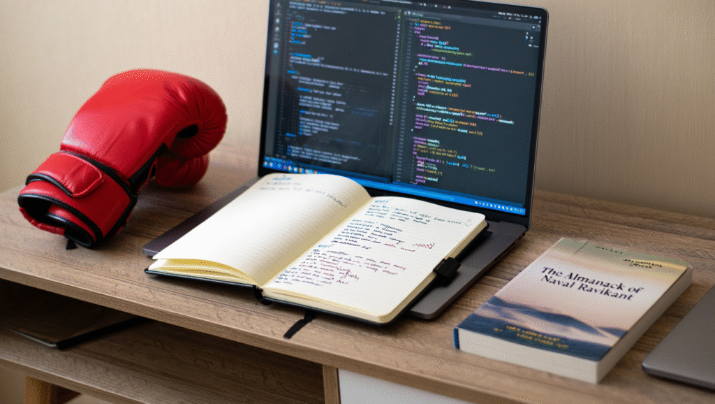 Come Sto Costruendo la Mia Strada Scrivania con laptop editor di codice, guantoni da boxe e libro The Almanack of Naval Ravikant - mindset costruttore digitale tra coding e disciplina