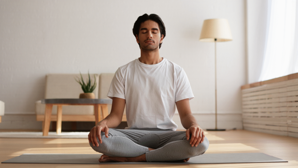 Giovane in meditazione su tappetino yoga, pratica di mindfulness per sviluppare pazienza e calma mentale strategica