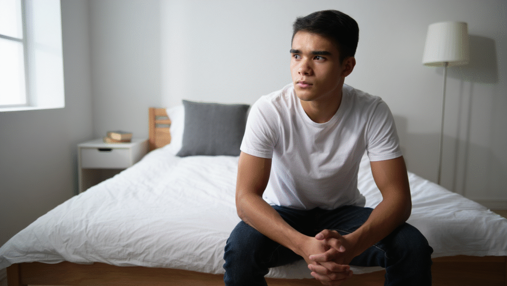 Giovane pensieroso seduto sul letto con sguardo perso: rappresentazione del vuoto interiore e senso di infelicità nonostante apparente benessere esterno