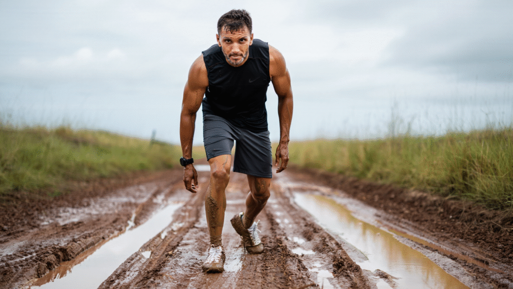 La Verità Che Nessuno Ti Dice (Ma Che Devi Sentire) Atleta stanco ma determinato su terreno fangoso pronto a ripartire - simbolo di resilienza mentale e forza dopo una settimana difficile