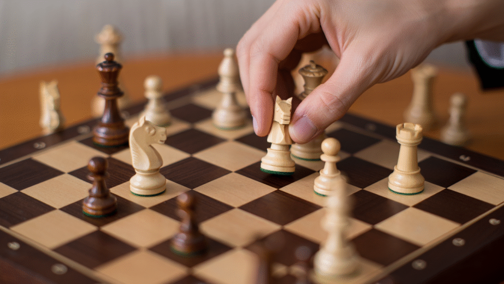 Mano che muove cavallo degli scacchi con precisione, metafora di pazienza strategica e pianificazione a lungo termine