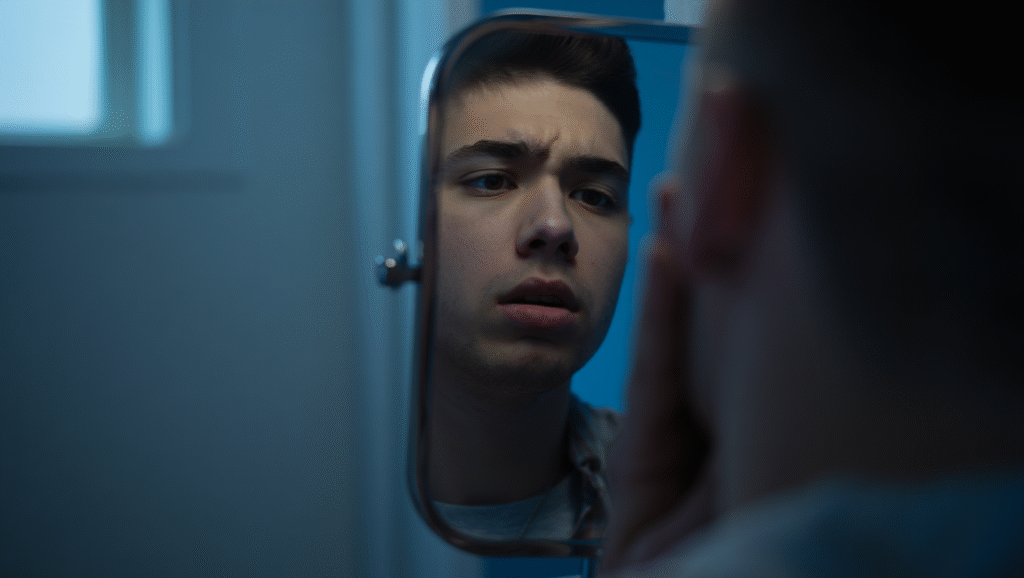 Ragazzo con bassa autostima si guarda allo specchio con espressione critica e delusa: rappresentazione visiva dell'autocritica negativa e insicurezza