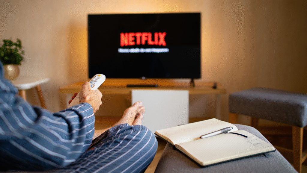 La Spirale del “Ho Già Perso, Tanto Vale” Uomo in pigiama procrastina davanti a Netflix con taccuino abbandonato - trappola del tutto o niente e perdita di produttività