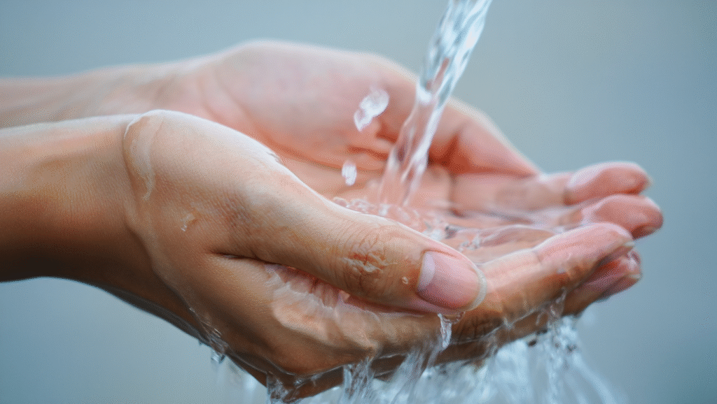 Acqua che scorre tra le mani simbolo di accettazione e serenità mentale