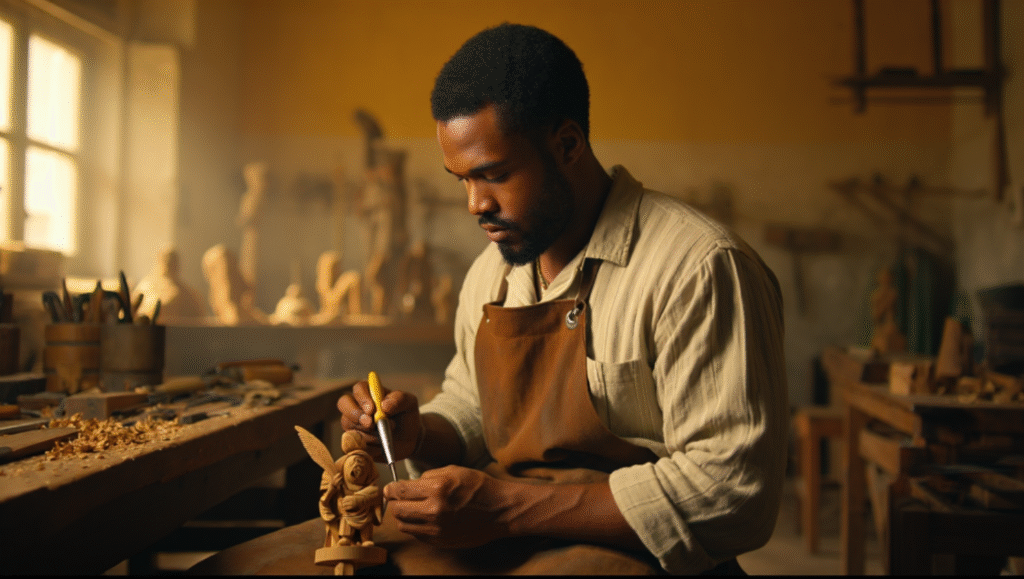 Artigiano che scolpisce legno con dedizione, esempio di perseveranza quotidiana e costruzione paziente della maestria