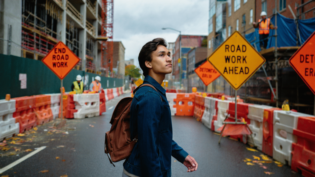 Uomo determinato cammina tra cantieri urbani e ostacoli stradali - metafora di resilienza e crescita personale nonostante gli imprevisti