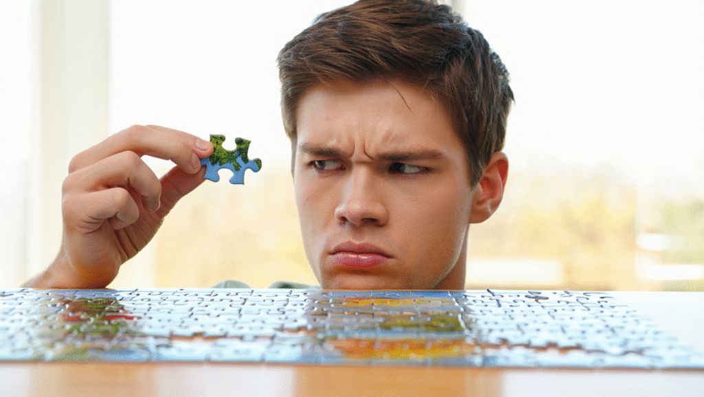 Ragazzo frustrato cerca pezzo mancante puzzle - ossessione del controllo e perfezionismo