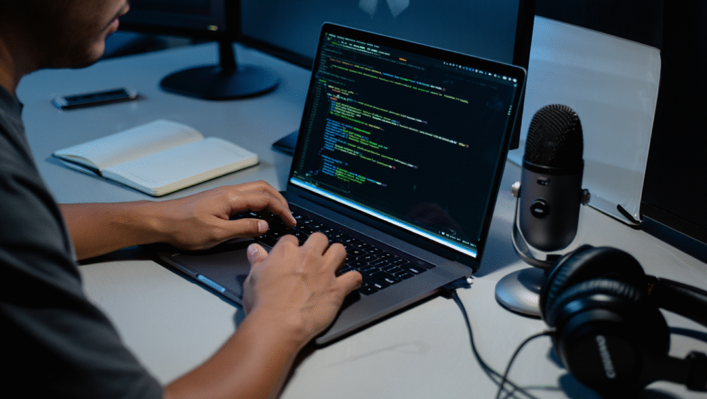 Coding e Media: Le Leve della Libertà Moderna Sviluppatore che impara a programmare di sera con laptop e doppio monitor, microfono podcast e cuffie sulla scrivania - coding e media come leve digitali