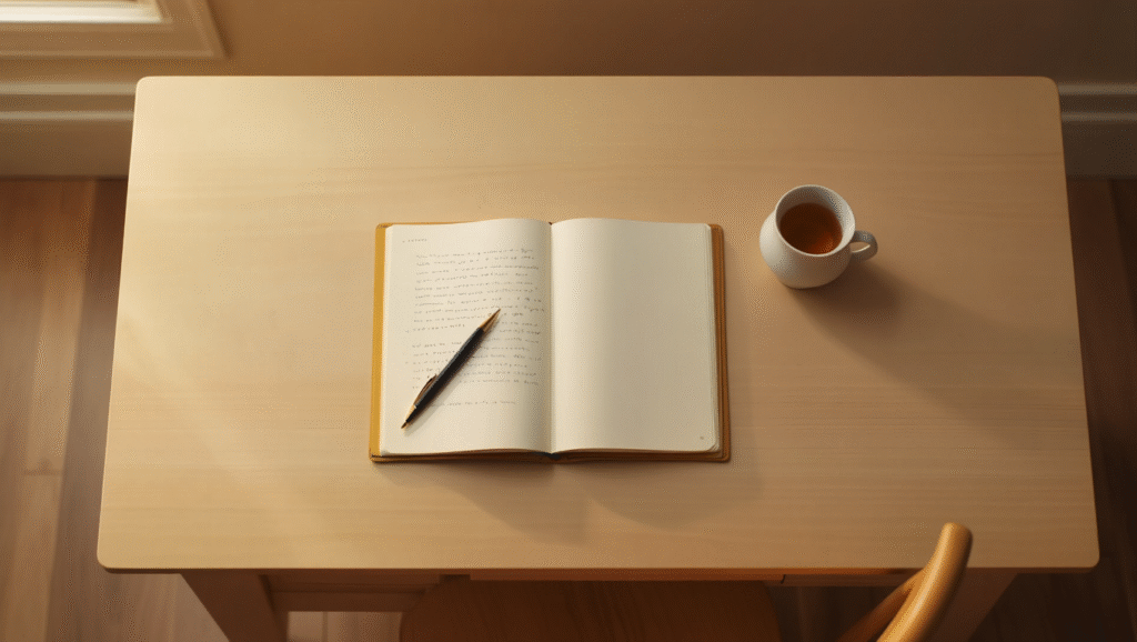 Routine mentale mattutina con journaling diario aperto penna e tè per allenare la serenità quotidiana