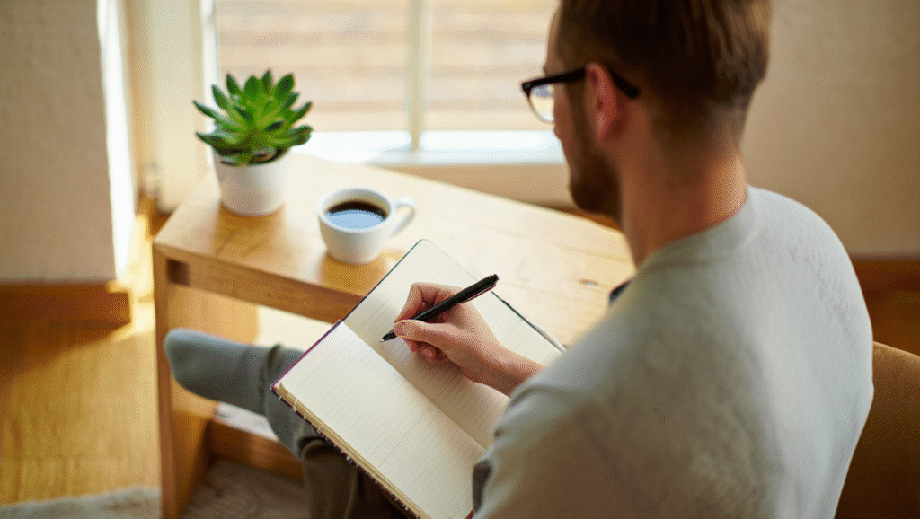Uomo pratica journaling e mindfulness scrivendo su taccuino con caffè per sviluppare intelligenza emotiva
