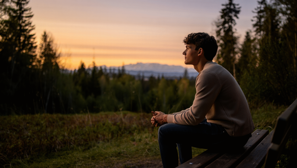 Solitudine positiva seduto su panchina con vista - affrontare la solitudine con consapevolezza