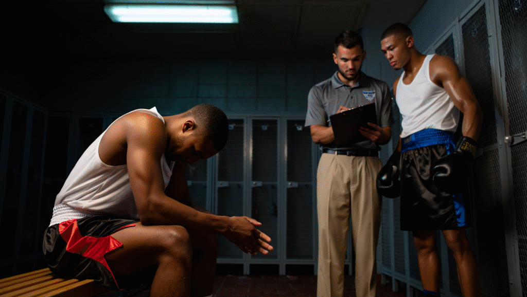 Pugile abbattuto dopo una sconfitta mentre il coach analizza l'incontro: esempio del modello ERE (Evento-Reazione-Emozione) nella psicologia dello sport