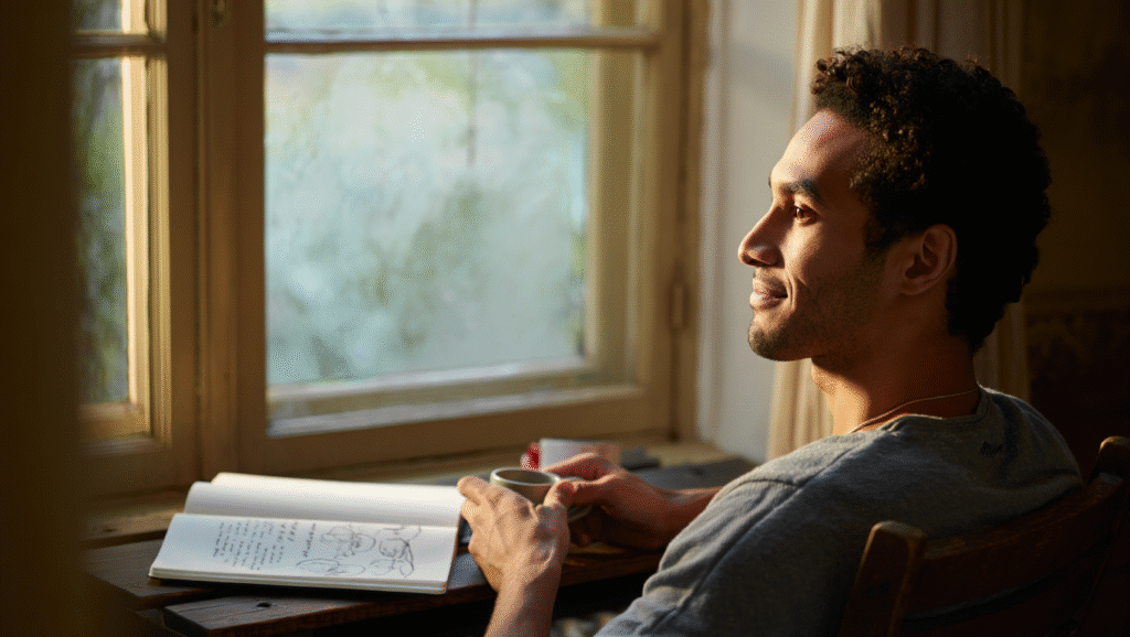 Uomo sereno con caffè e quaderno - disciplina morbida e fiducia nel processo