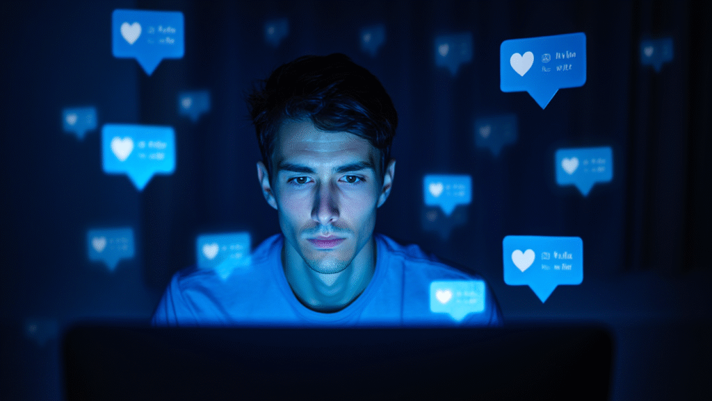 Giovane davanti al computer circondato da notifiche social e like digitali - rappresentazione della dipendenza dal riconoscimento esterno e del mito del successo digitale