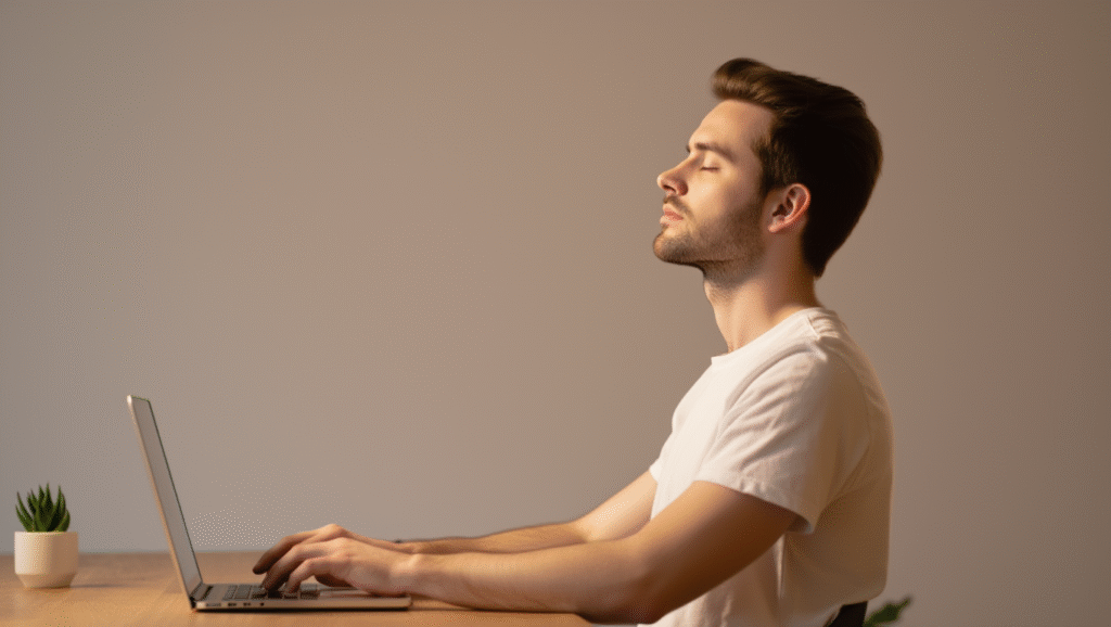 Giovane uomo pratica autocontrollo mentale respirando con occhi chiusi davanti al laptop - gestione delle emozioni e calma sotto pressione