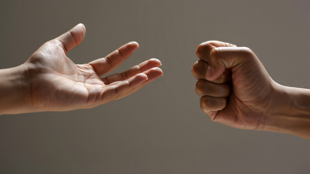 Contrasto tra mano aperta rilassata e pugno chiuso - risposta vs reazione e controllo emotivo nella gestione della rabbia