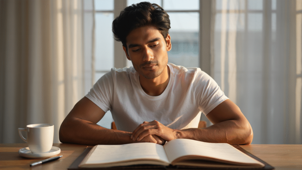 Momento di introspezione e riflessione personale - uomo che scrive su quaderno con caffè simbolo di crescita consapevole e libertà interiore