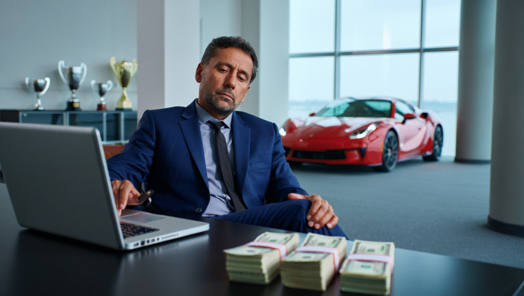 Imprenditore di successo circondato da denaro e status ma con espressione vuota - paradosso del successo tradizionale senza realizzazione personale