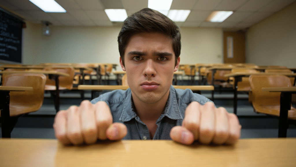 Studente sotto stress in aula vuota mostra tensione emotiva - come gestire la rabbia e restare lucidi sotto pressione