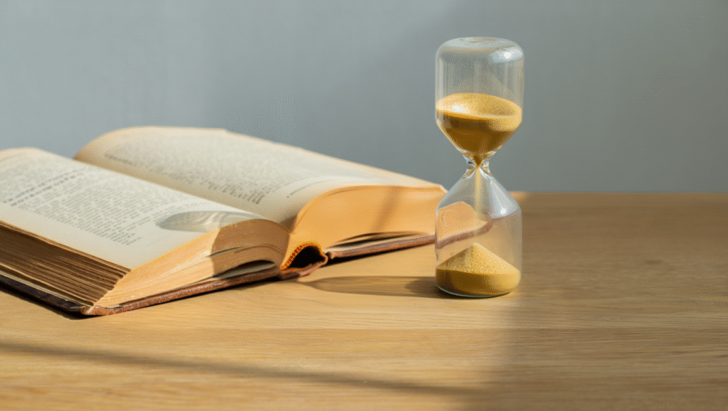 Clessidra con sabbia che scorre lentamente accanto a libro aperto su tavolo di legno - apprendimento profondo richiede tempo
