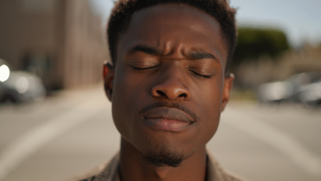 Giovane uomo pratica respirazione profonda con occhi chiusi - forza interiore e resilienza emotiva per mantenere la calma