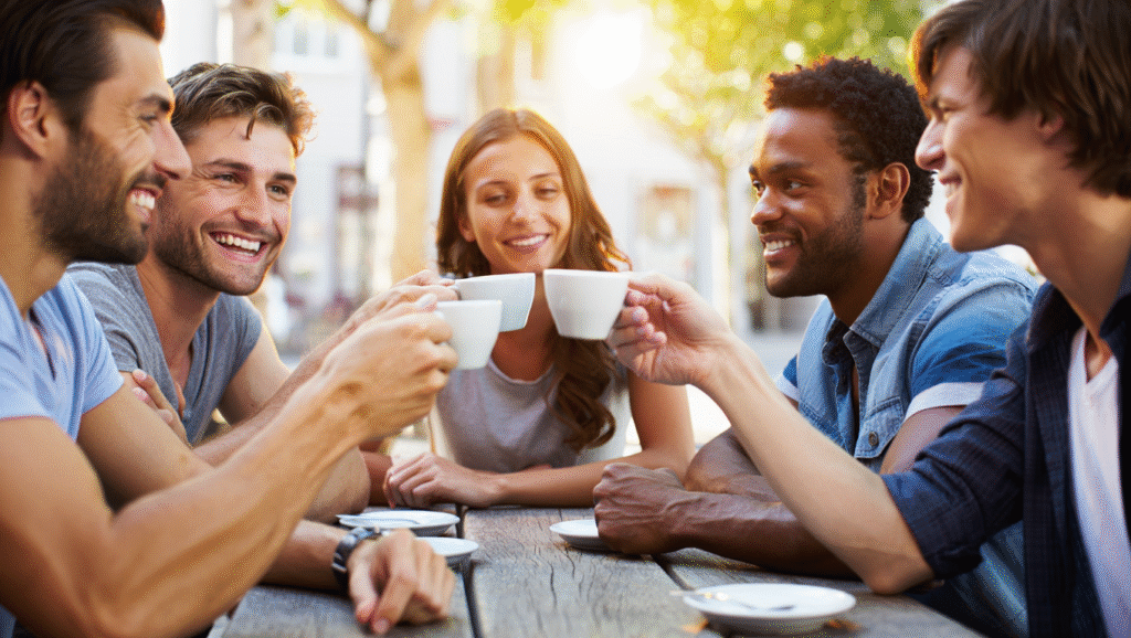 Perché le Relazioni Ti Plasmano (Che Tu lo Voglia o No) Gruppo di amici che brinda al bar celebrando momenti di crescita personale e relazioni positive