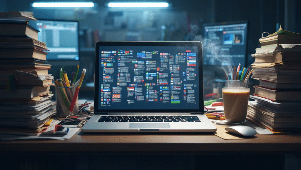 Scrivania caotica con laptop, libri sparsi e distrazioni multiple - studio superficiale e fretta nello studio