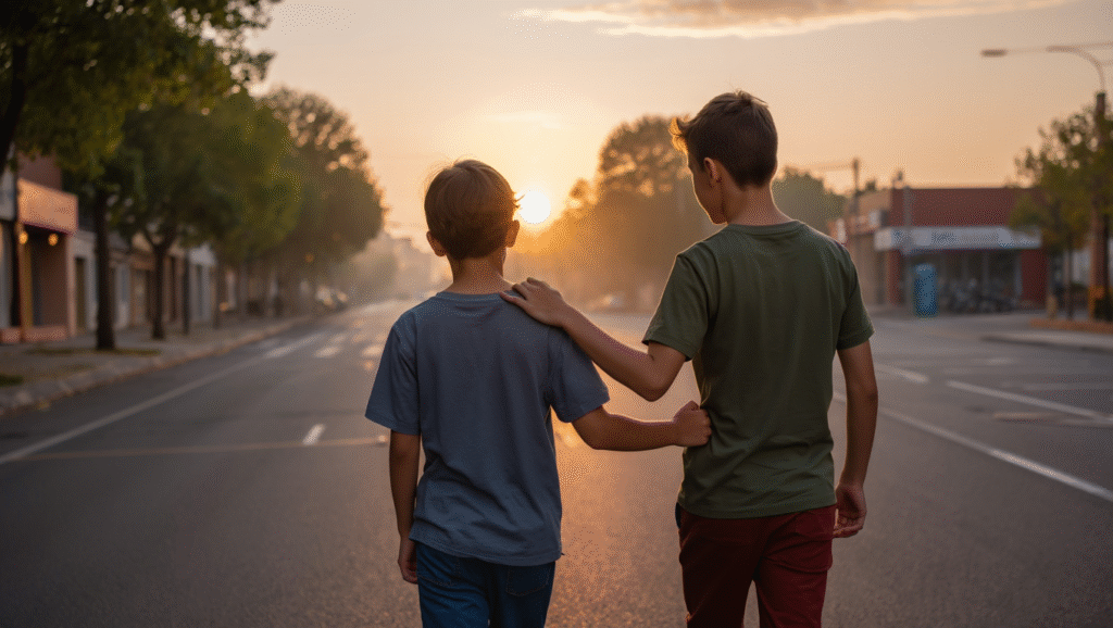 Due amici che camminano al tramonto in gesto di sostegno reciproco e amicizia autentica