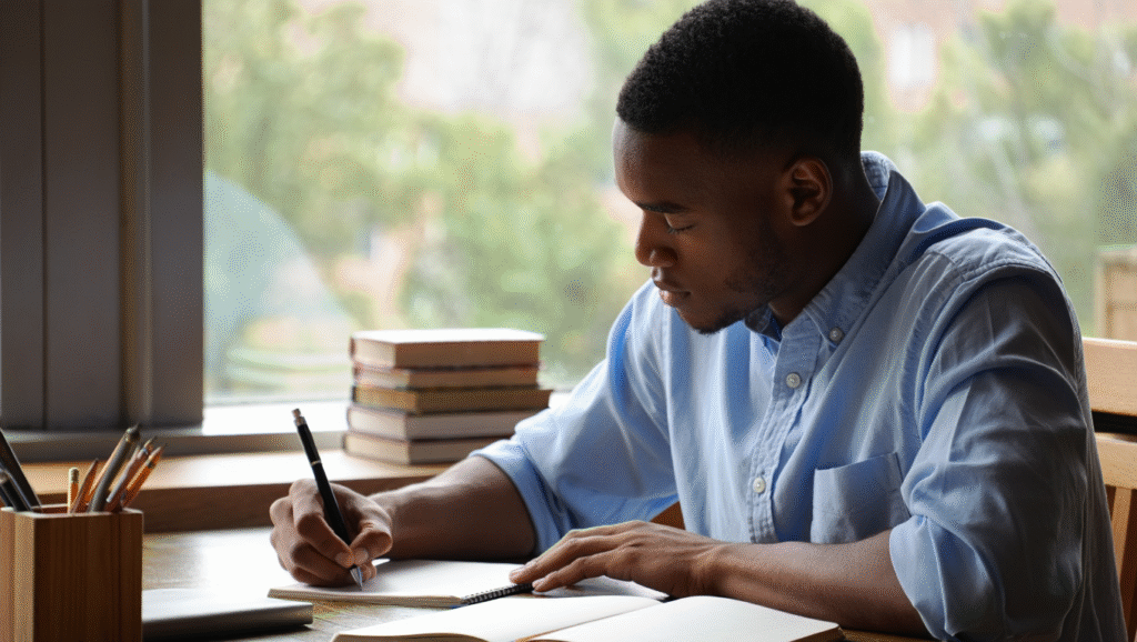Studente concentrato scrive appunti a mano vicino alla finestra - metodo di studio efficace con concentrazione profonda