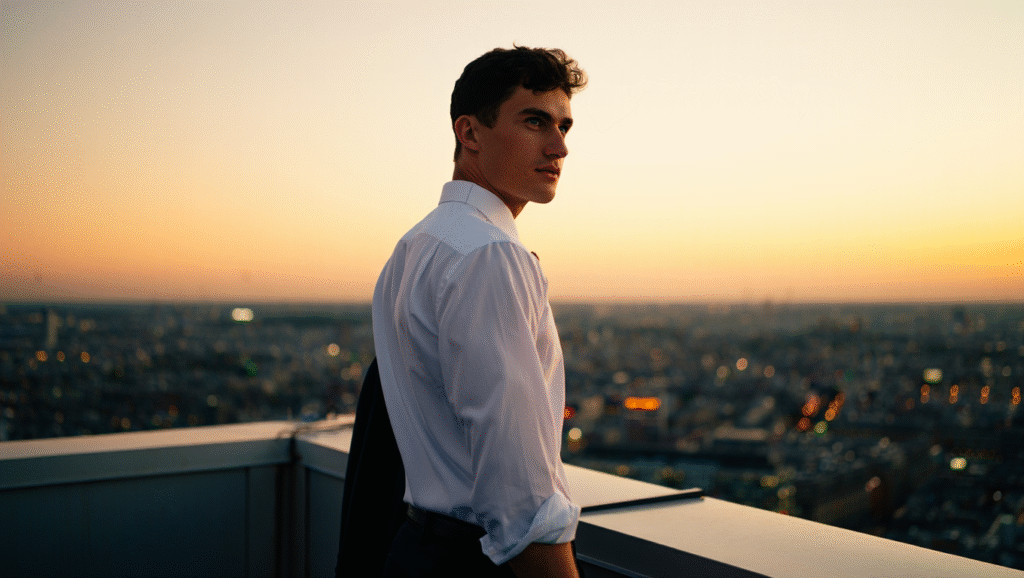 Giovane professionista su grattacielo al tramonto contempla l'orizzonte - equilibrio tra ambizione e libertà interiore verso il successo consapevole