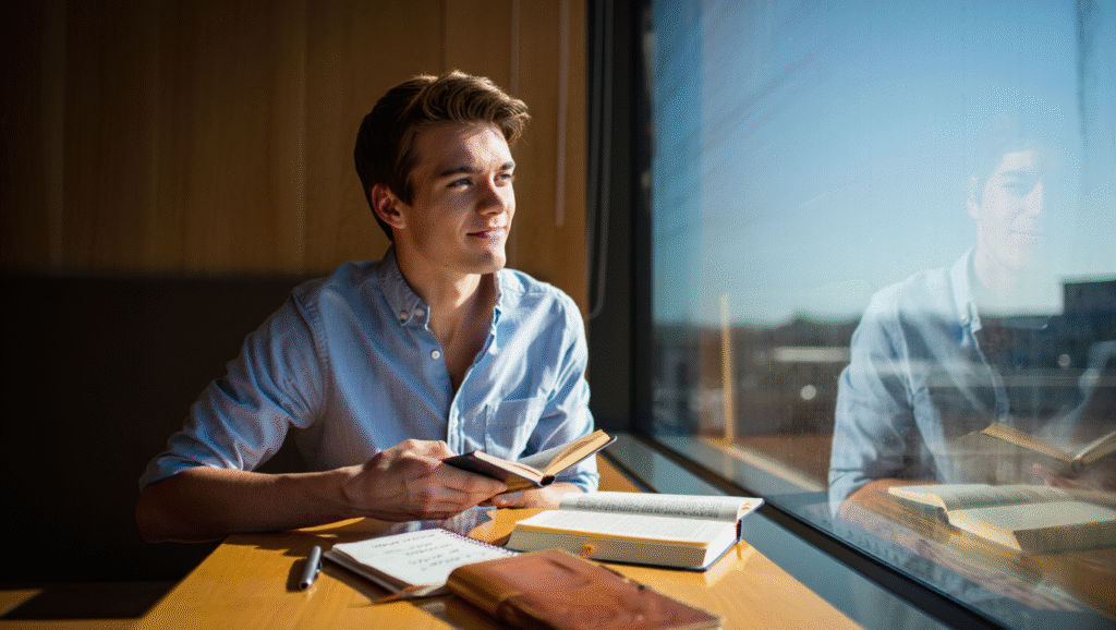 Studente riflessivo con libro aperto guarda fuori dalla finestra - momento di consolidamento memoria a lungo termine
