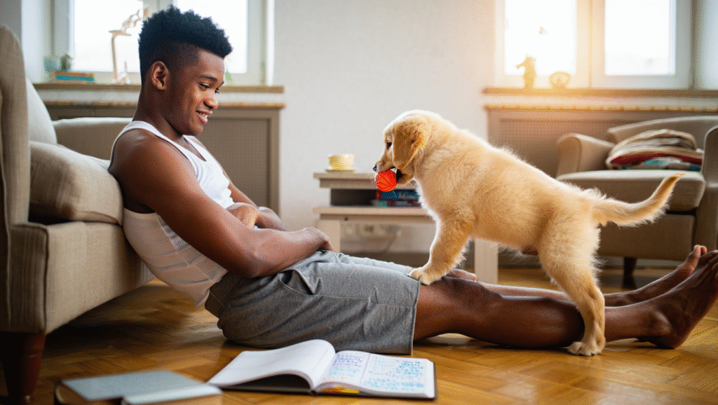 Giovane ragazzo che gioca con cucciolo golden retriever in salotto - gestire imprevisti quotidiani con calma