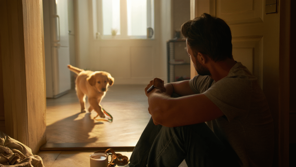 Uomo seduto a terra osserva cucciolo correre con guinzaglio - affrontare imprevisti senza ansia