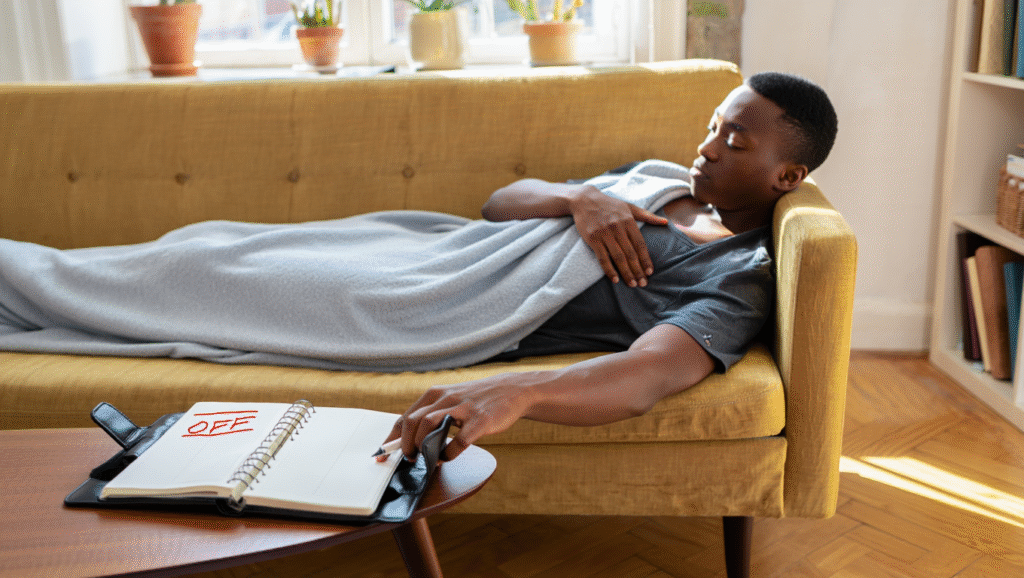 Ragazzo riposa sul divano segnando pausa sull'agenda - evitare il burnout con recupero attivo