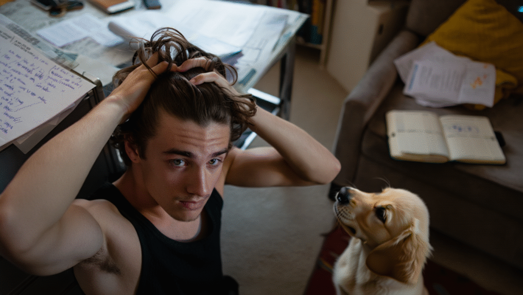 Studente stressato con documenti sparsi alla scrivania - sintomi burnout e pressione mentale